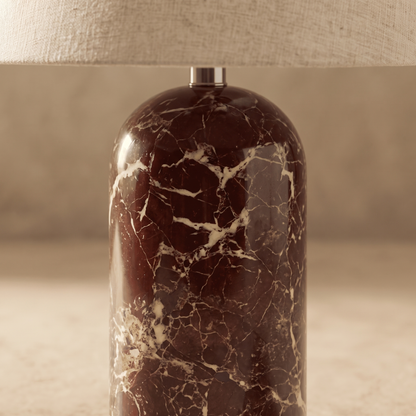 Close-up of Vionelle table lamp red marble veining and cream fabric shade texture