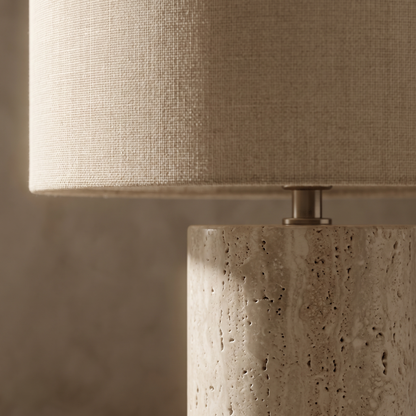 Close-up of the Seraphel table lamp fabric shade and marble detail
