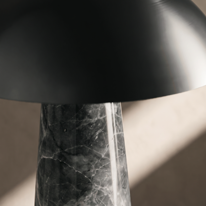 Rosalind table lamp detail, black steel dome rim and grey marble veining macro