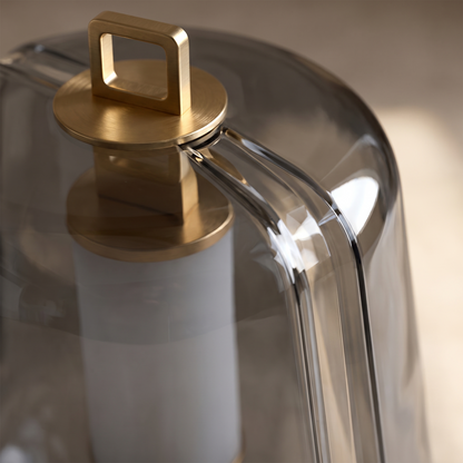 Silverain table lamp macro, smoked glass, brass frame and loop handle detail