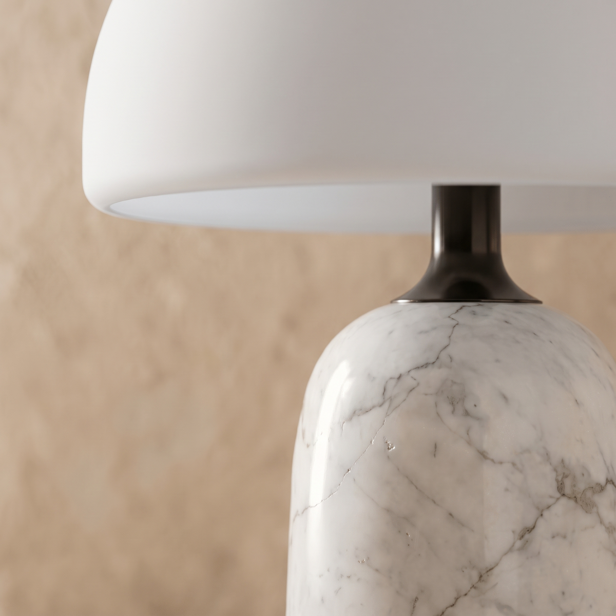 Close-up of the Opaline table lamp marble veining dark neck and smooth frosted glass dome