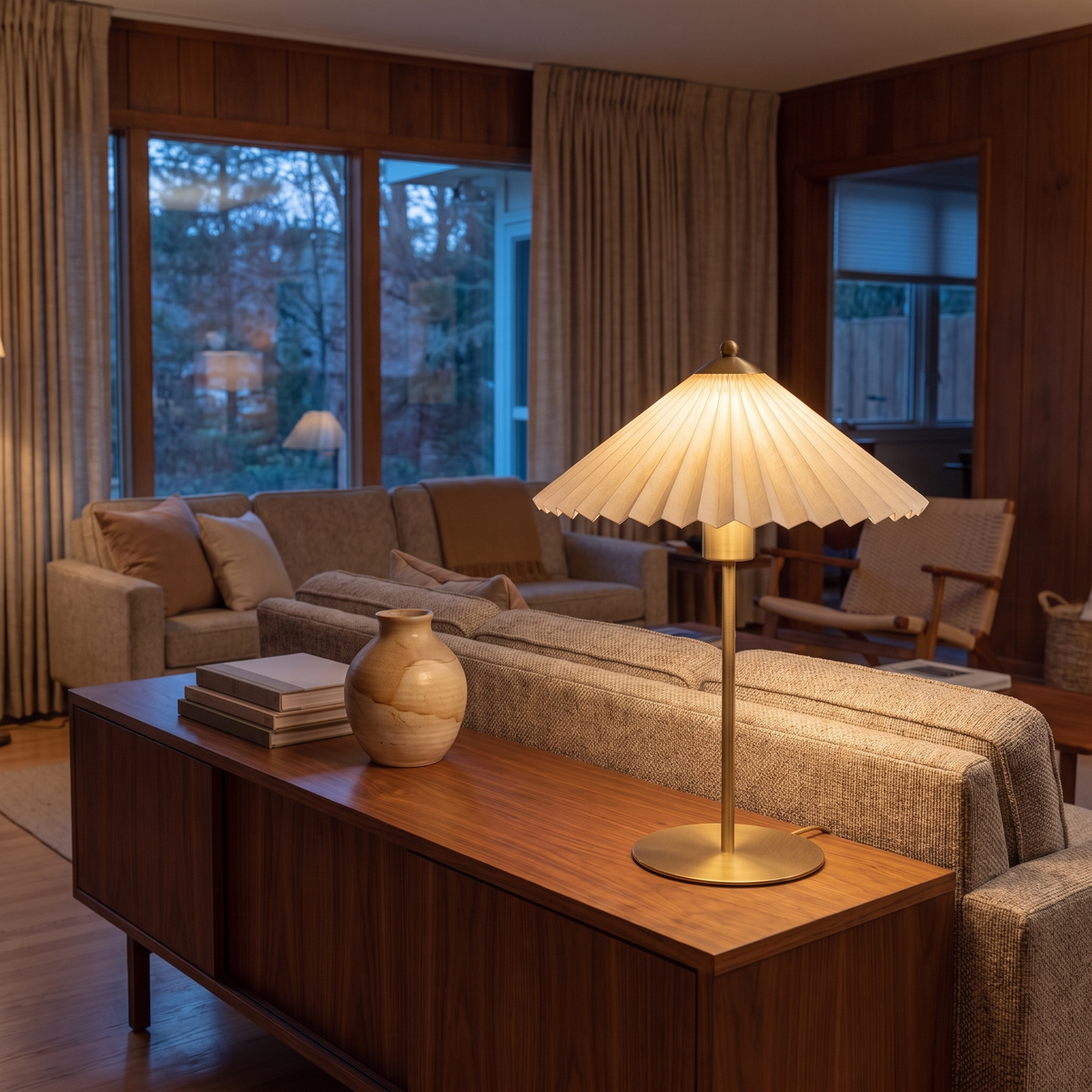 Aurelle fabric table lamp lit at dusk on a walnut living room console beside a sofa