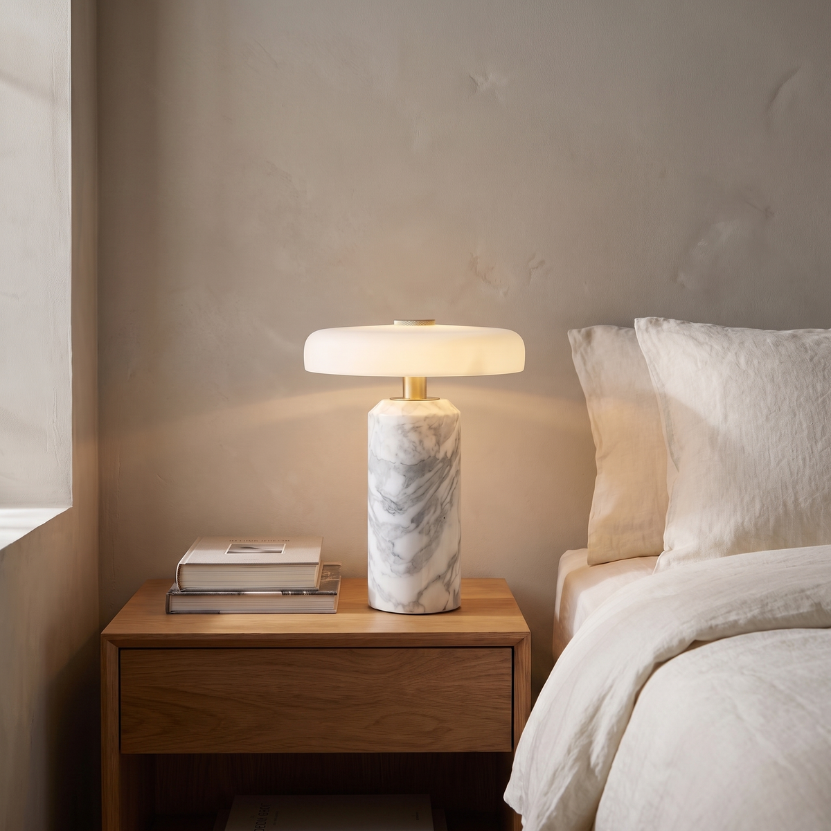 Ophira contemporary glass and marble LED table lamp glowing warm on a bedroom nightstand