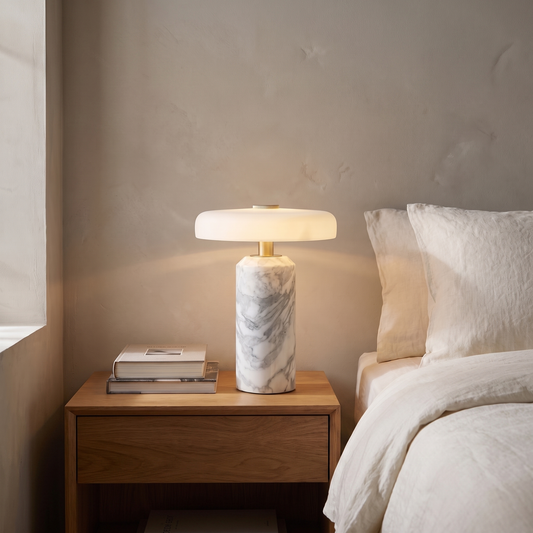 Ophira contemporary glass and marble LED table lamp glowing warm on a bedroom nightstand