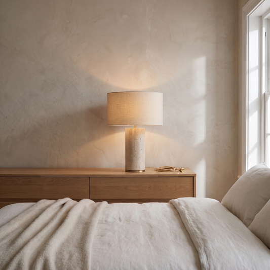 Seraphel modern marble and fabric table lamp glowing warm on an oak bedroom dresser