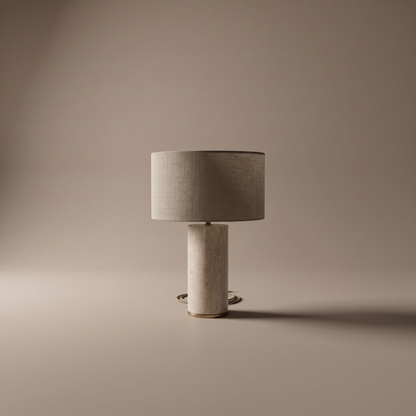 Seraphel wide marble and fabric table lamp on a neutral studio backdrop