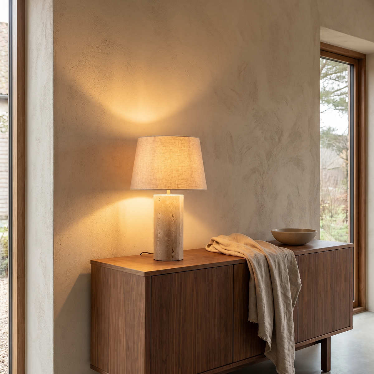 Seraphel marble table lamp lit on a walnut living room sideboard at dusk