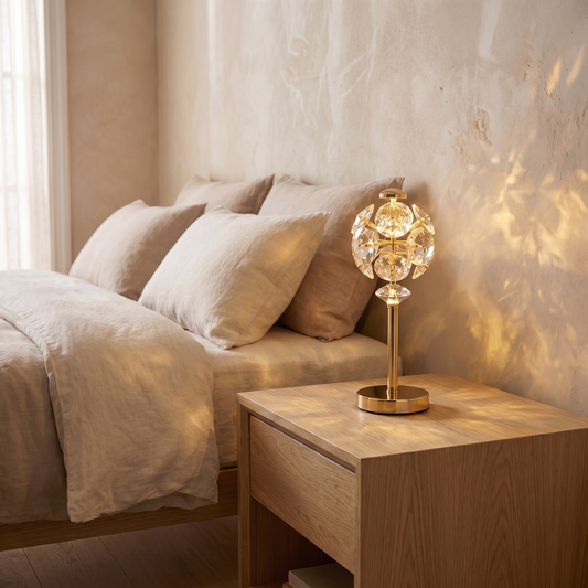 Lumandre modern metal LED table lamp glowing warm on an oak nightstand in a minimalist bedroom