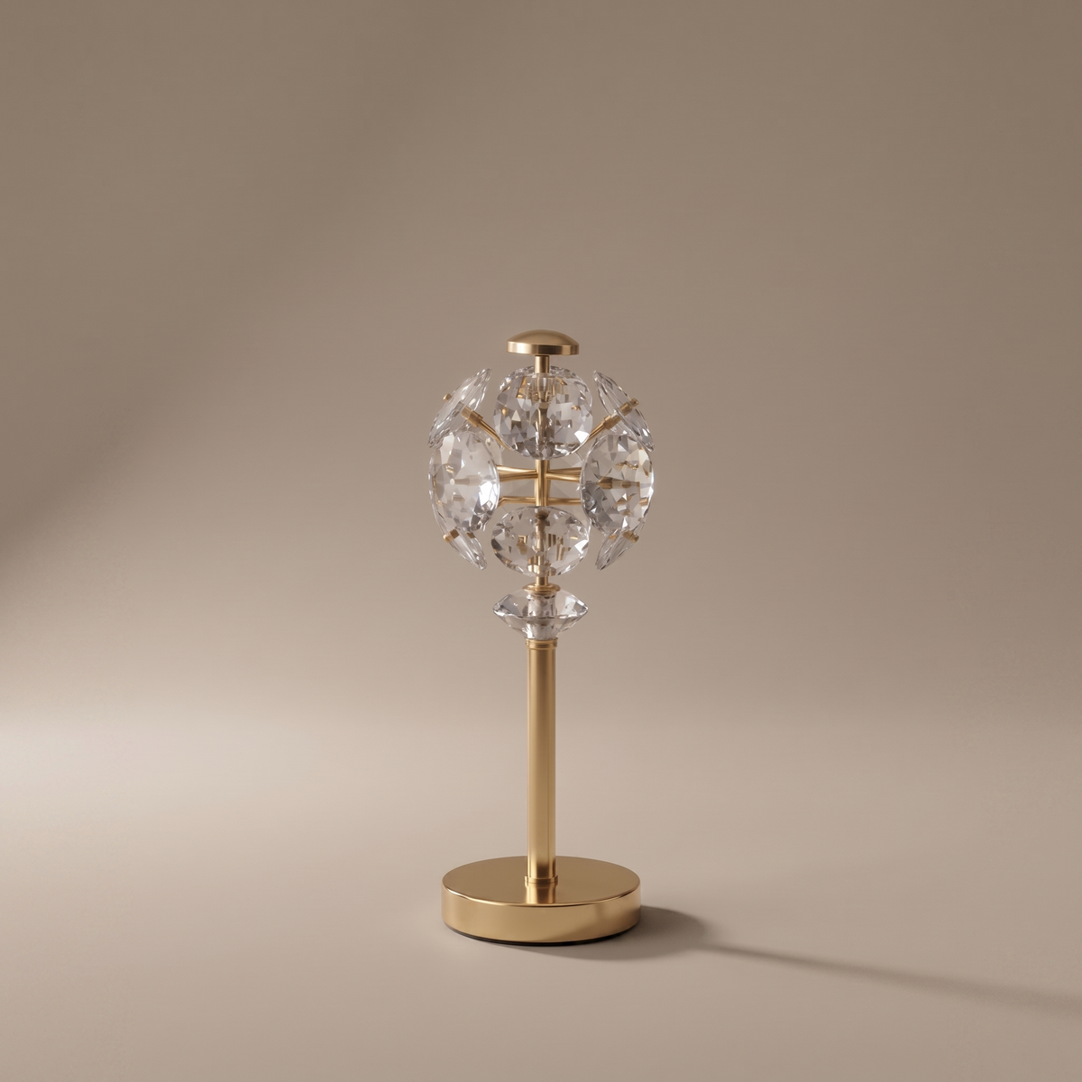 Lumandre modern metal table lamp with integrated LED, studio shot on warm-greige backdrop, lamp off