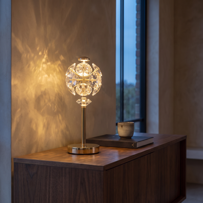 Compact Lumandre LED table lamp lit at dusk on a walnut living room console with book and ceramic cup