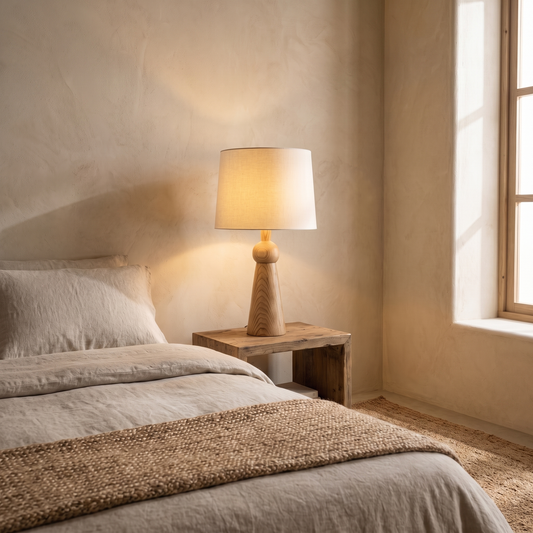 Velaris fabric and wood table lamp glowing warm on a bedside table in a boho modern bedroom
