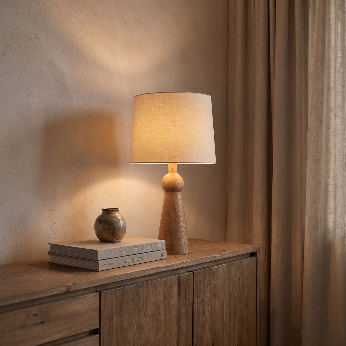 Velaris E27 table lamp lit at dusk on a wooden sideboard with art books and ceramic vase