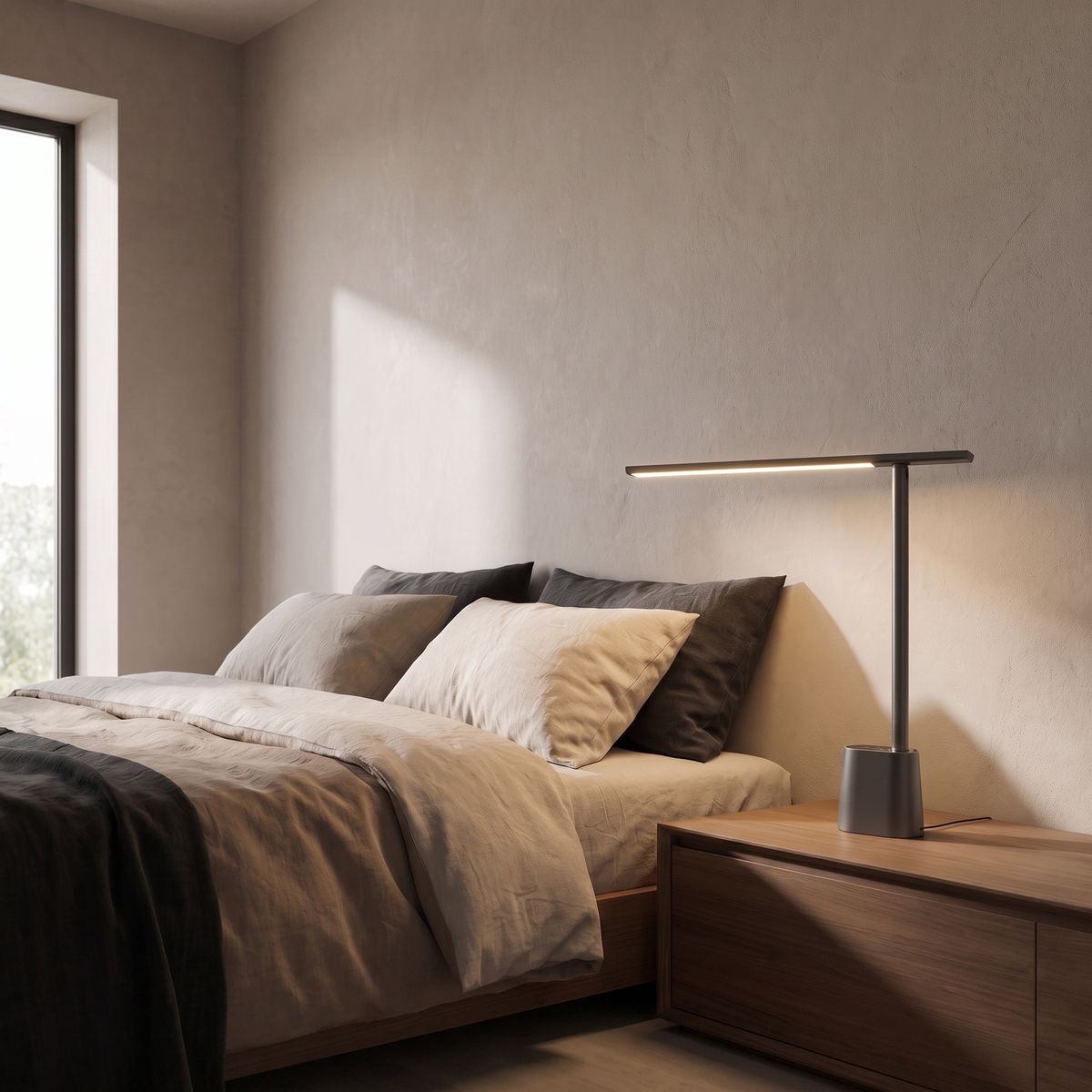Orsanne modern aluminum LED table lamp glowing warm on a nightstand in a contemporary minimalist bedroom