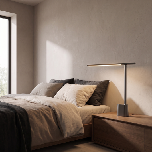 Orsanne modern aluminum LED table lamp glowing warm on a nightstand in a contemporary minimalist bedroom
