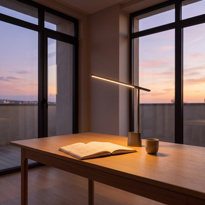 Orsanne LED reading lamp lit on an oak study desk at dusk beside an open notebook