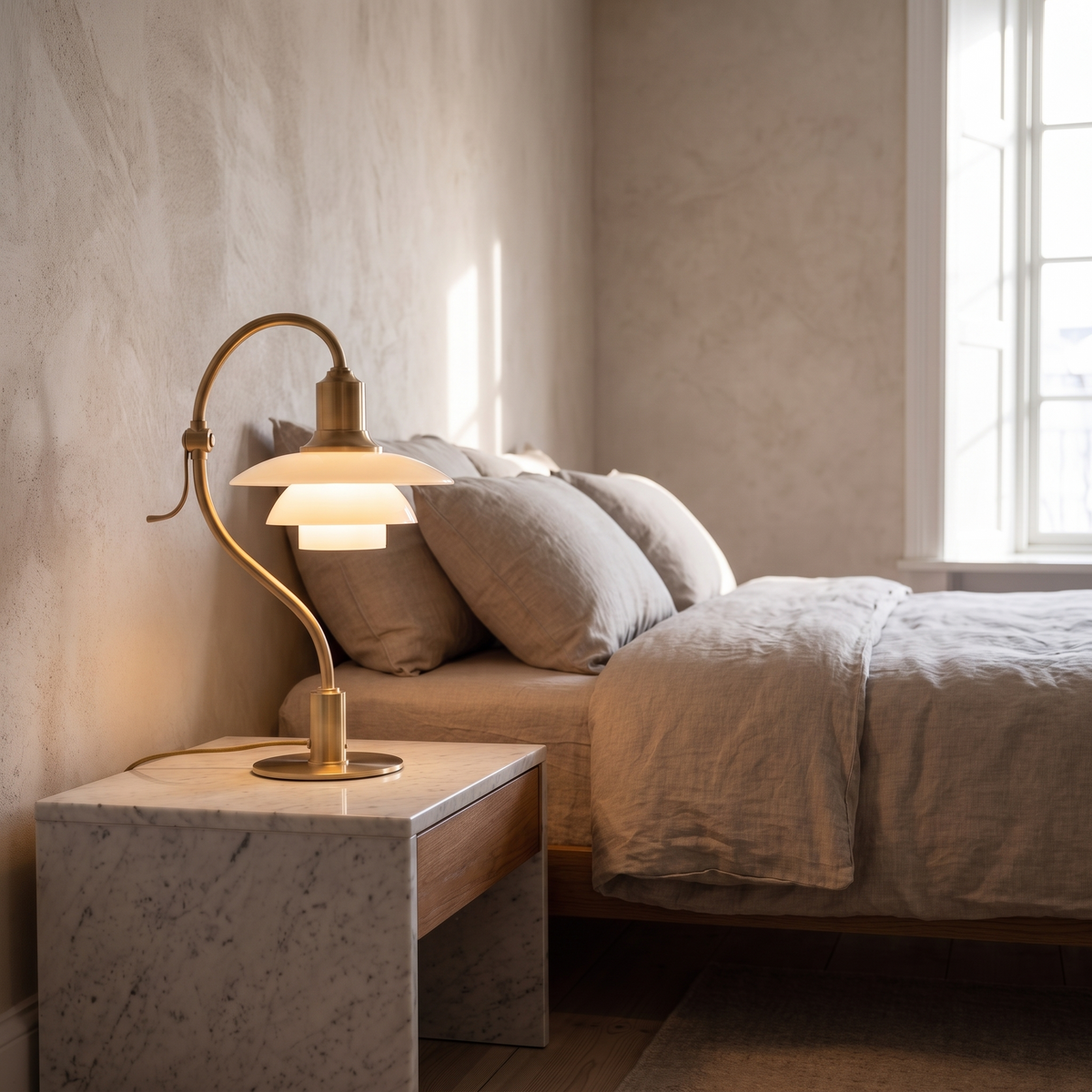 Bellamira brass-toned metal table lamp glowing warm on a marble bedside table in an elegant modern bedroom