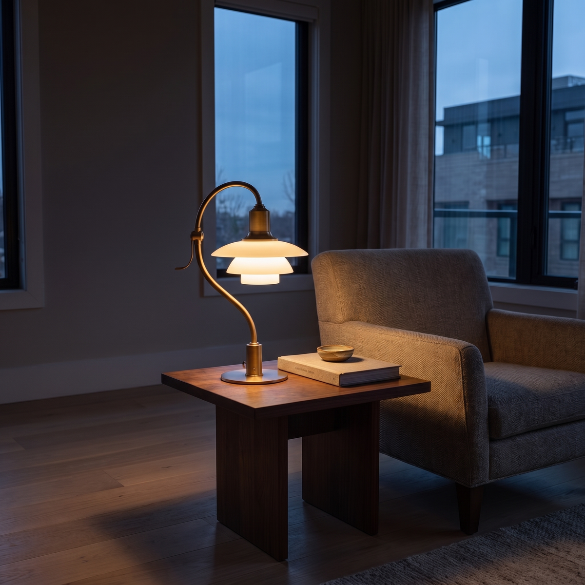 Bellamira brass table lamp lit at dusk on a dark wood side table beside an armchair