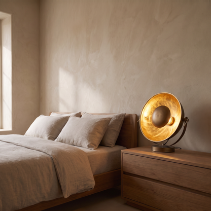 Castellane brass and iron table lamp glowing warm on a bedside chest in a refined modern bedroom