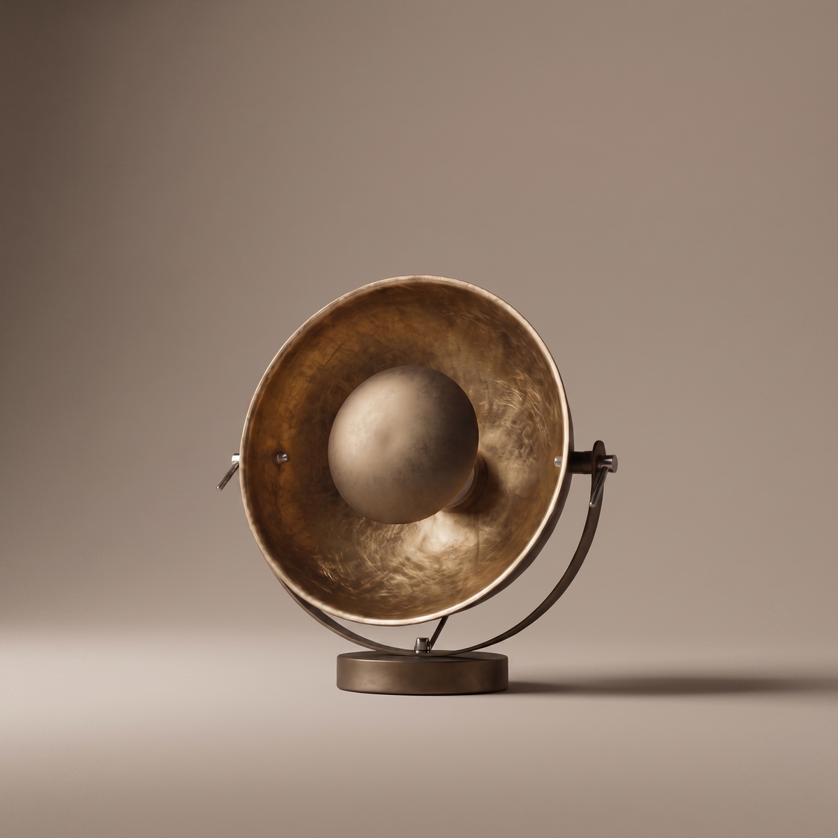Castellane modern brass and iron E27 table lamp, studio shot on warm-greige backdrop, lamp off