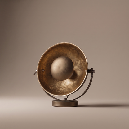 Castellane modern brass and iron E27 table lamp, studio shot on warm-greige backdrop, lamp off