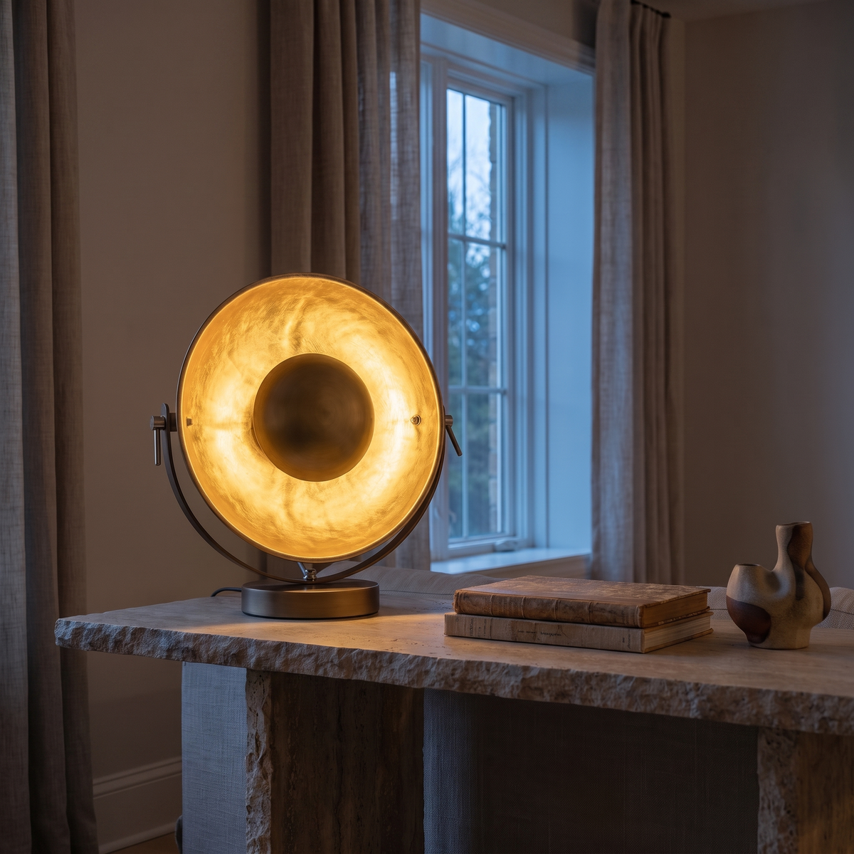 Castellane brass table lamp lit at dusk on a stone-topped console in a modern living room