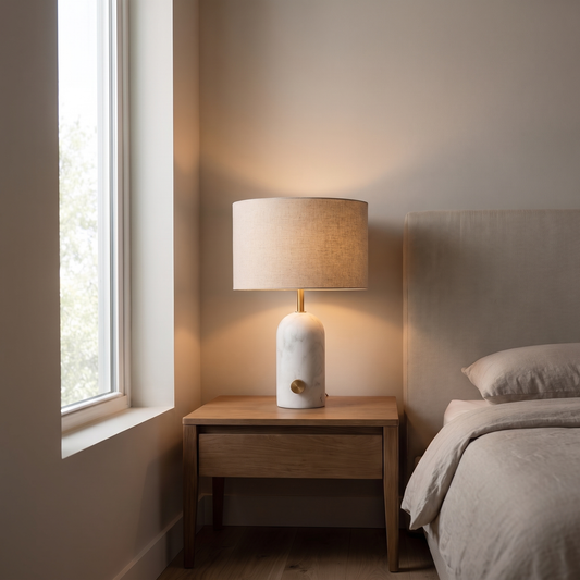 Rivelle modern marble and fabric table lamp glowing warm on a bedroom nightstand