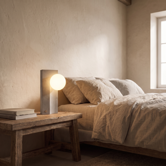 Solenne cordless concrete and glass table lamp glowing on a bedroom nightstand