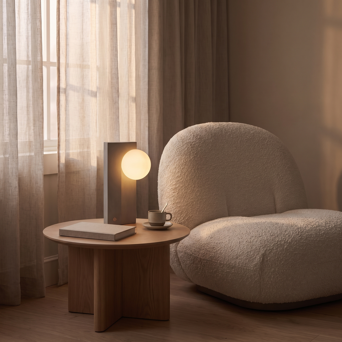 Solenne portable cordless lamp lit at dusk on a living room side table