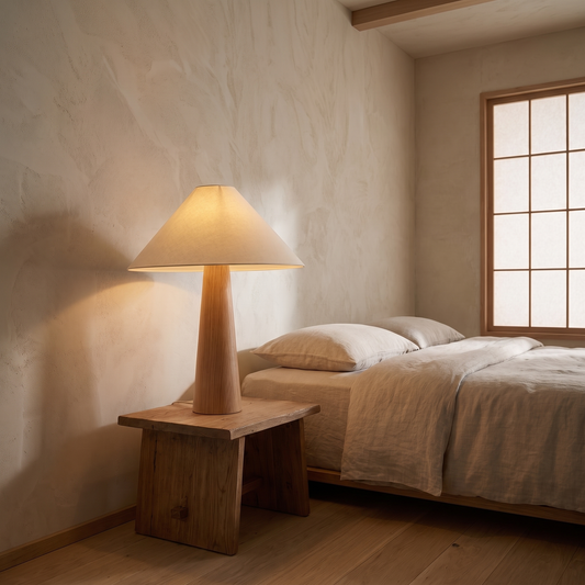 Verdoni contemporary fabric and wood table lamp glowing in a Japandi bedroom