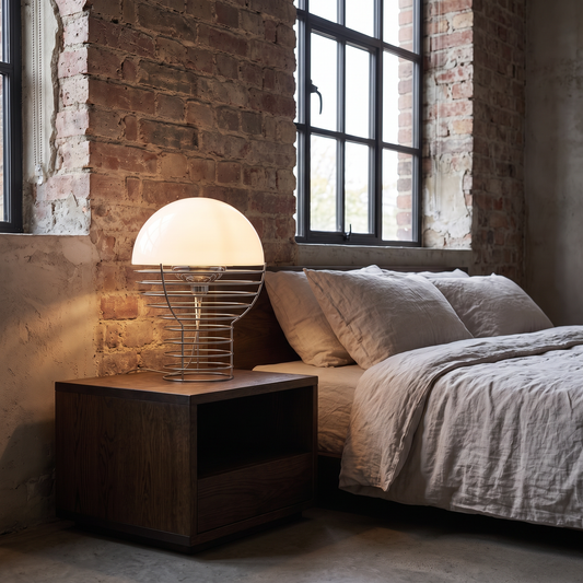Maravelle industrial glass and metal table lamp glowing on a loft bedroom nightstand