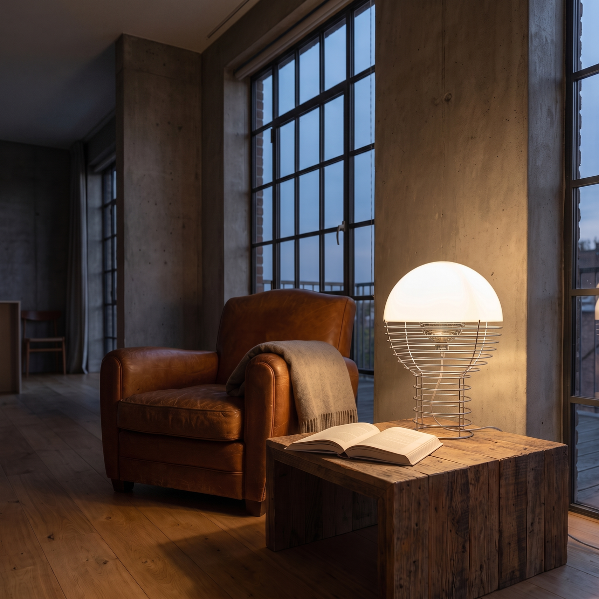 Maravelle glass table lamp lit warm beside a leather armchair at dusk