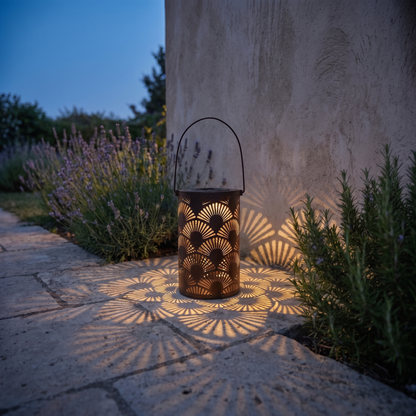 Lucerna traditional metal garden lantern glowing at dusk on a stone garden path