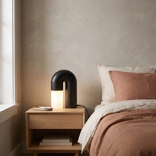 Delacroix modern wood arch table lamp glowing warm on a bedroom nightstand