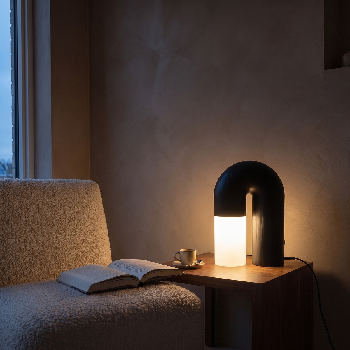 Delacroix LED arch table lamp lit beside a lounge chair in an evening living room