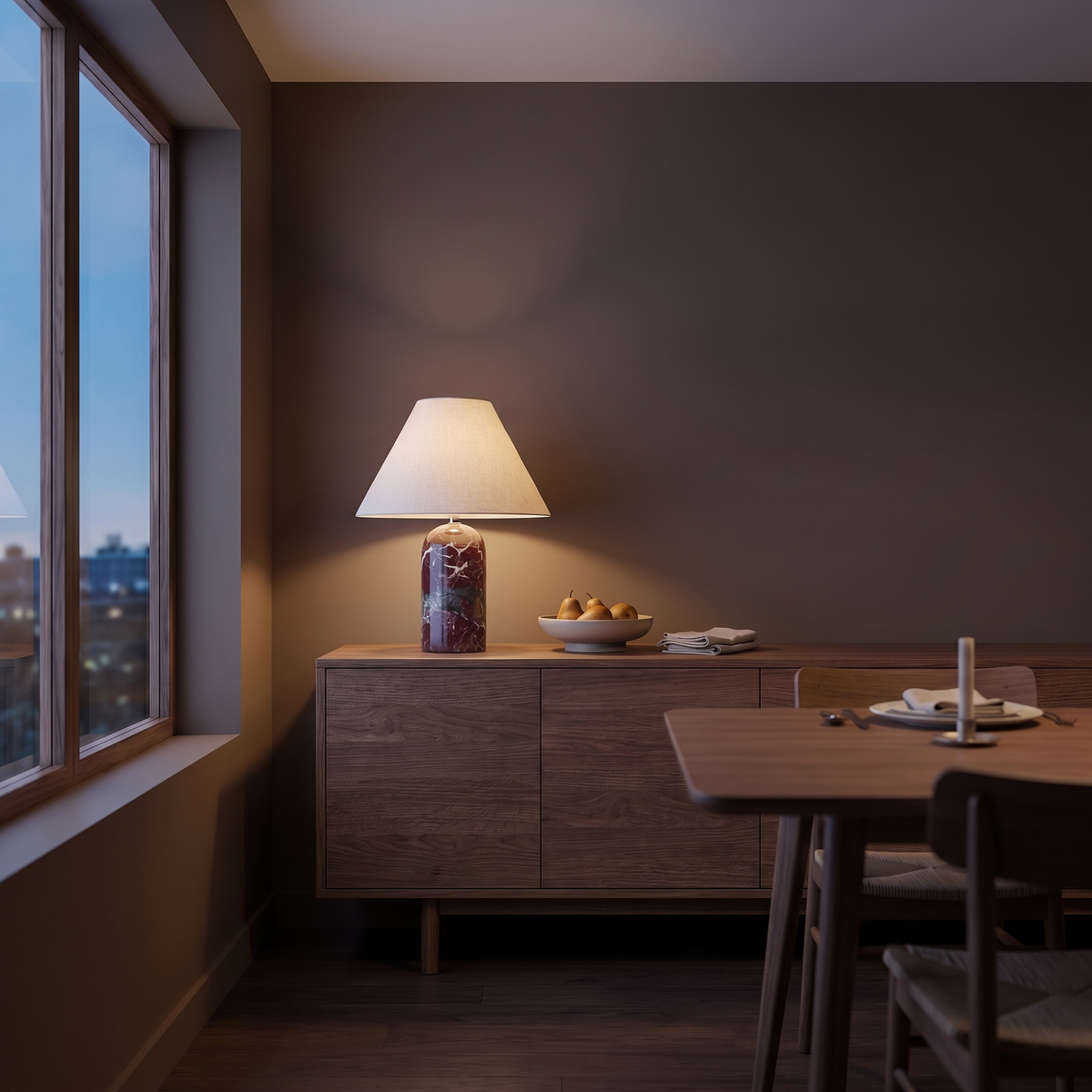 Vionelle E27 marble table lamp glowing on a walnut dining room sideboard at dusk