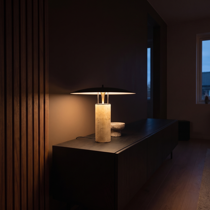 Marcheva LED travertine table lamp as the only light source in an evening living room