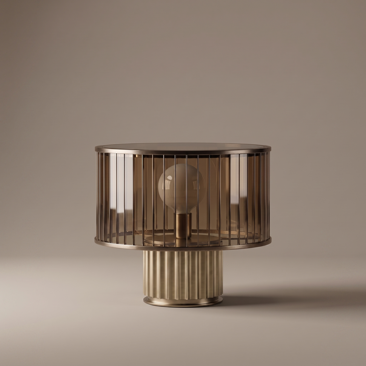 Elmira ribbed smoked amber glass drum shade table lamp on fluted brass base, studio product shot