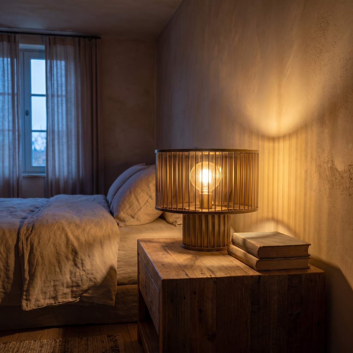 Elmira rustic glass table lamp glowing warm on a reclaimed wood nightstand at dusk