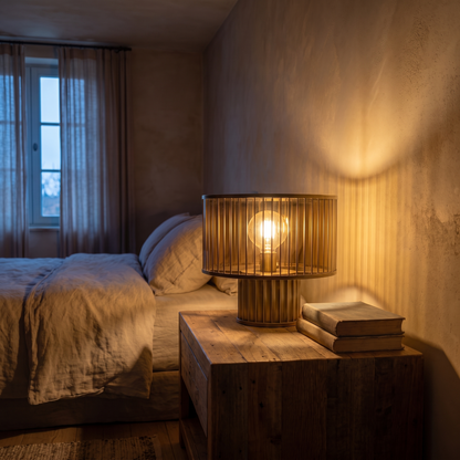 Elmira rustic glass table lamp glowing warm on a reclaimed wood nightstand at dusk