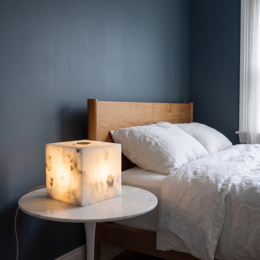 Duvessa alabaster cube table lamp glowing warm on a marble pedestal table beside a bed