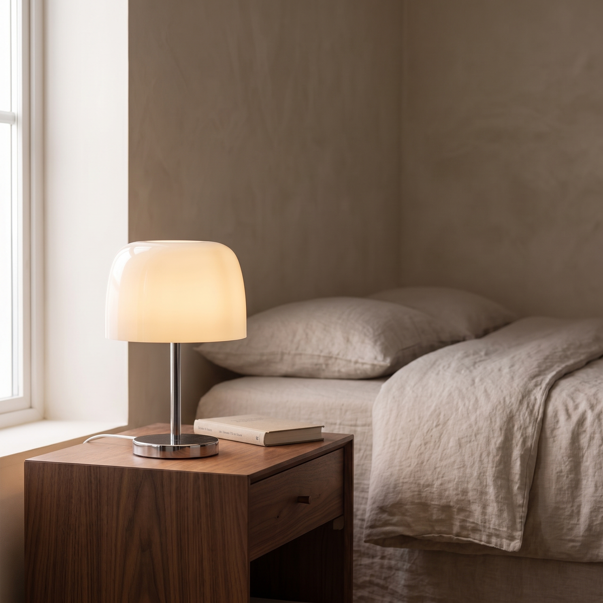 Fiorente mid century glass table lamp with cream mushroom dome glowing warm on a bedroom nightstand