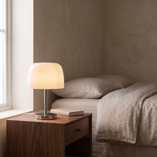 Fiorente mid century glass table lamp with cream mushroom dome glowing warm on a bedroom nightstand