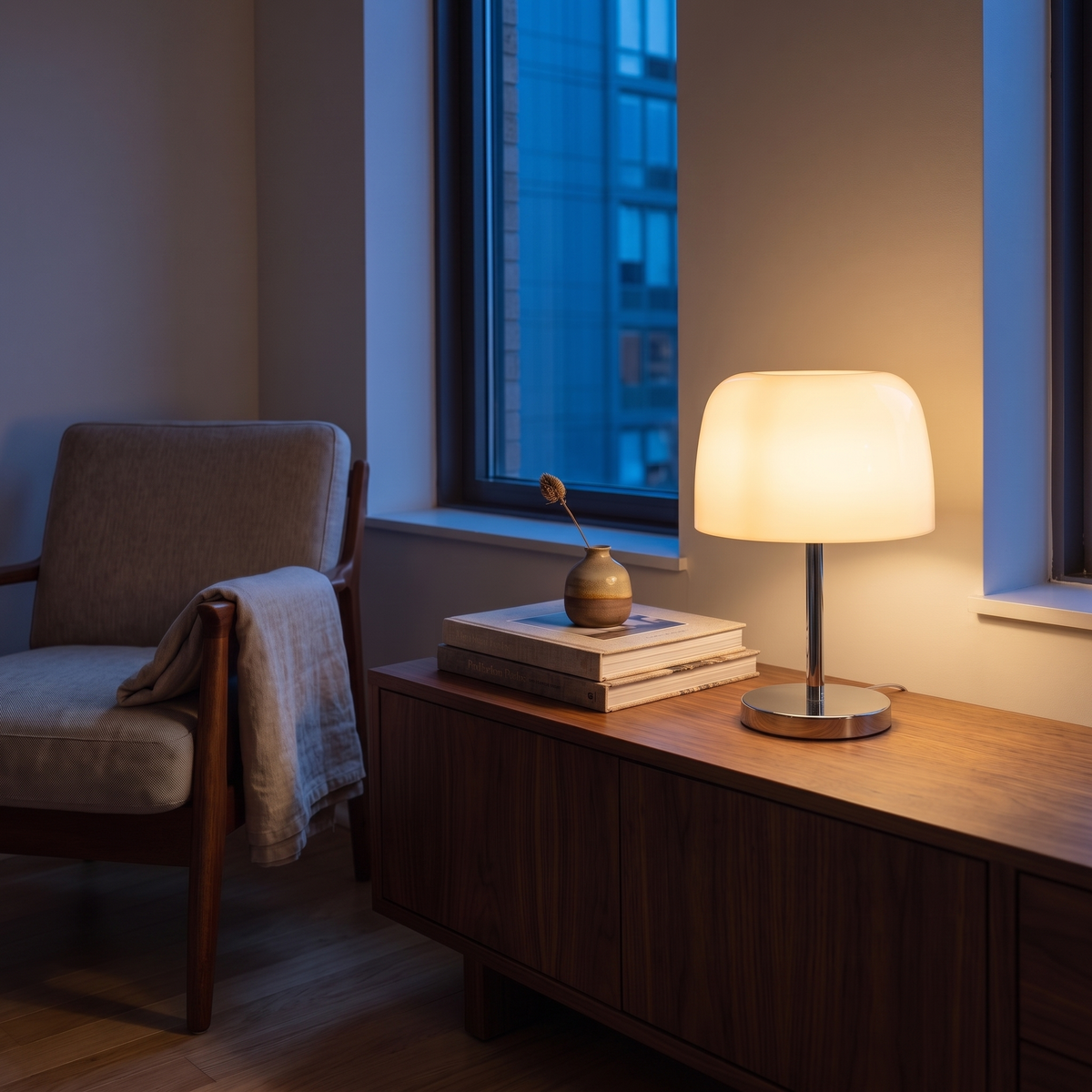 Fiorente mid century glass table lamp lit at dusk on a walnut living room console
