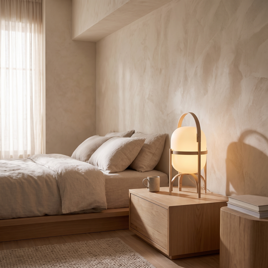 Galante contemporary glass and wood table lamp glowing warm on an oak nightstand in a Japandi bedroom