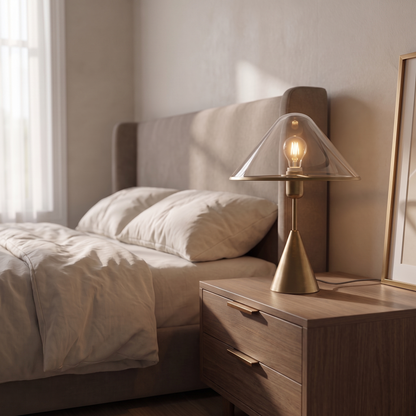 Herriveau contemporary bronze aluminum and glass table lamp glowing warm on a modern bedroom nightstand