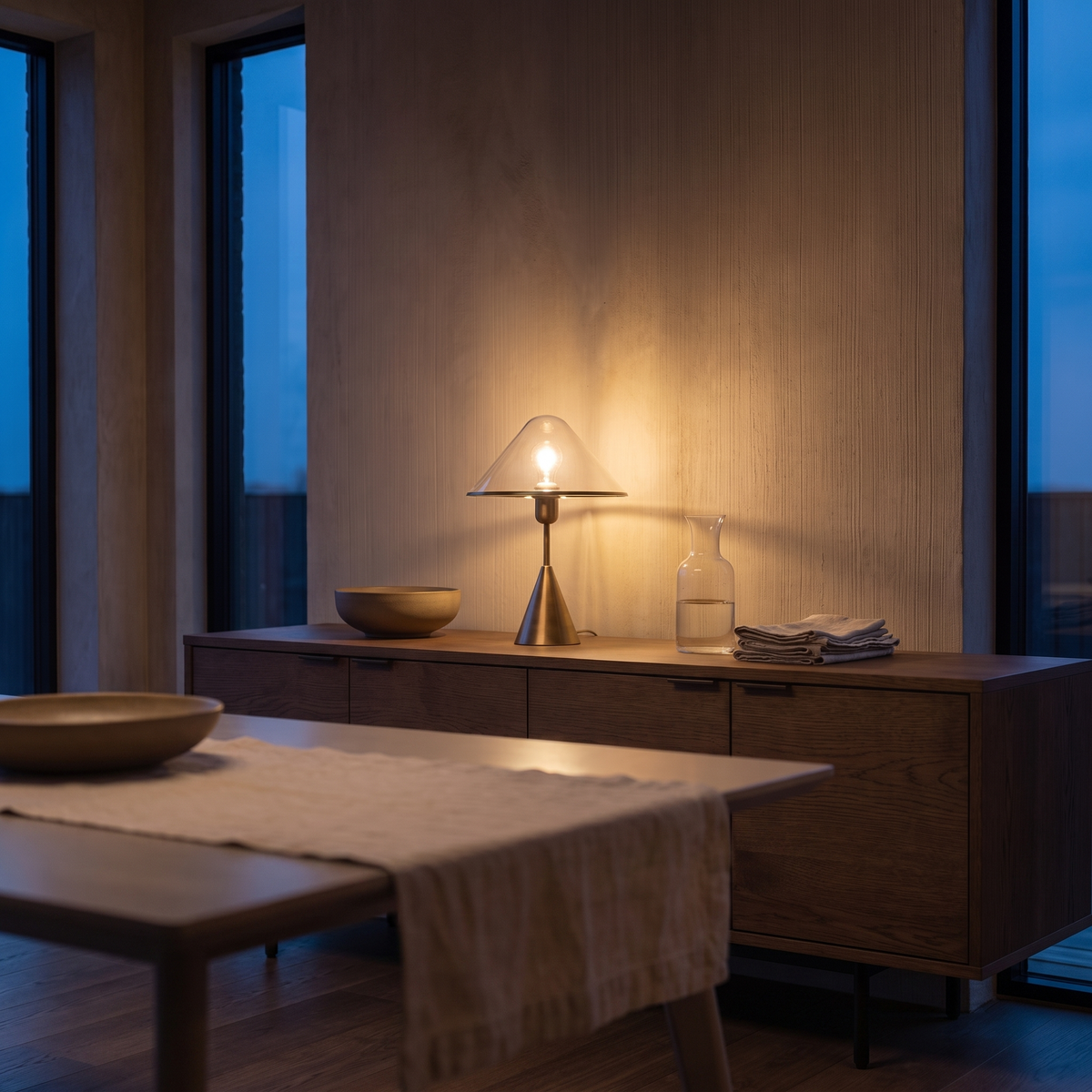 Herriveau bronze table lamp lit at dusk on a dark oak sideboard in an elegant dining room