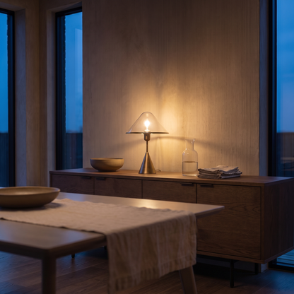Herriveau bronze table lamp lit at dusk on a dark oak sideboard in an elegant dining room