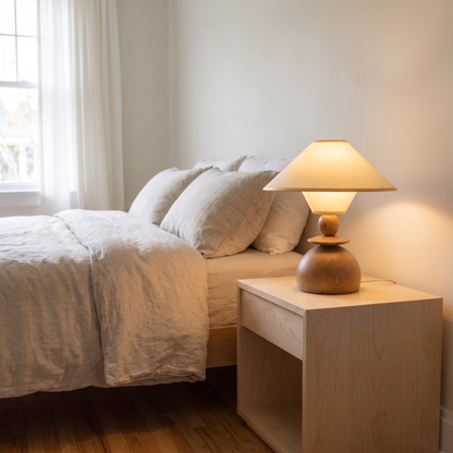 Jouvelle Scandinavian fabric table lamp with beige shade glowing warm on a birch bedroom nightstand