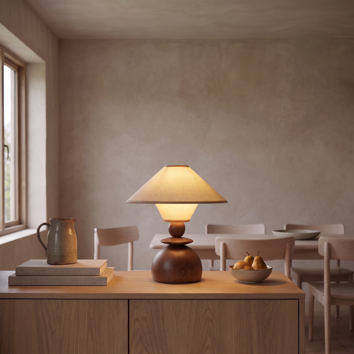Jouvelle beige fabric table lamp lit at dusk on an oak sideboard in a Scandinavian dining room