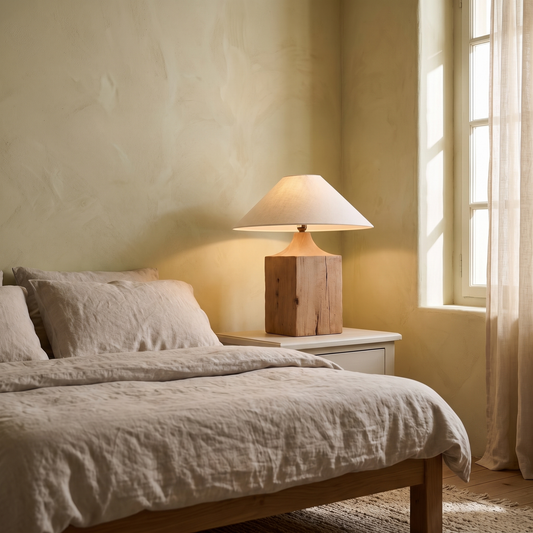 Lavelle boho table lamp with oak block base and linen shade glowing on a bedroom nightstand